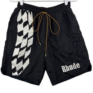 RHUDE Men's Black Nylon Racing Graphic Shorts Drawstring Waist Size‎ M